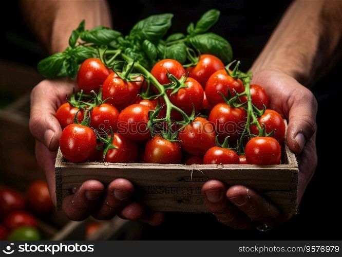 Young farmer with freshly picked tomatos in basket. Hand holding wooden box with vegetables in field. Fresh Organic Vegetable.