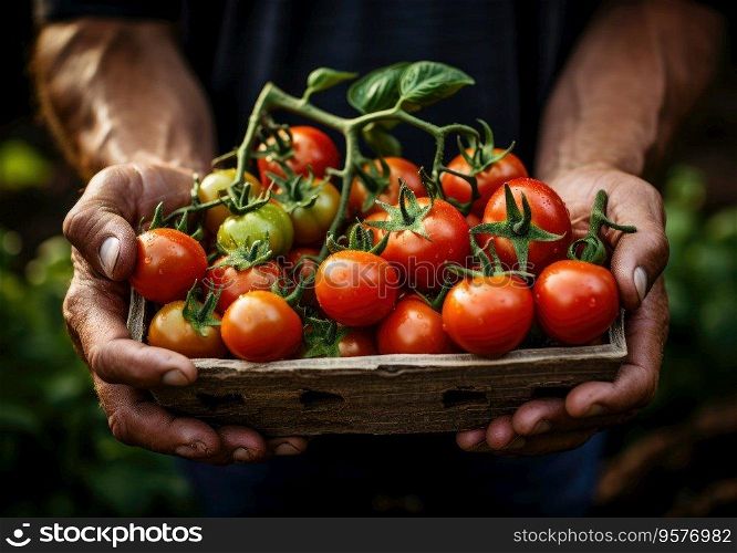 Young farmer with freshly picked tomatos in basket. Hand holding wooden box with vegetables in field. Fresh Organic Vegetable.