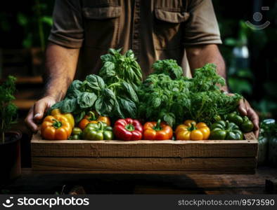 Young farmer with freshly picked vegetable in basket. Hand holding wooden box with vegetables in field. Fresh Organic Vegetable.