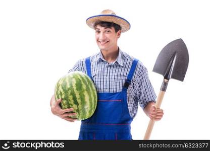 Young farmer with watermelon isolated on white