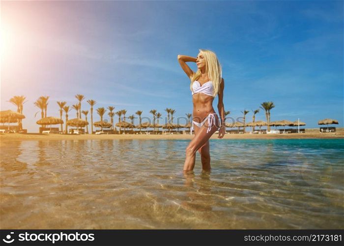 Young fashion woman standing in water on the beach.. Young fashion woman standing in water on the beach