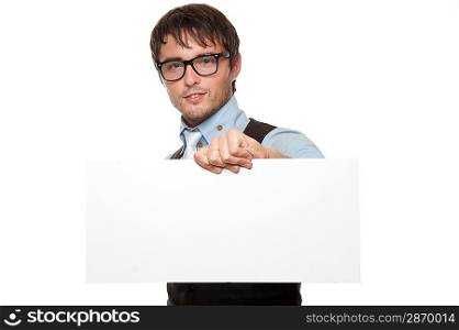 Young fashionable man with a blank sign.