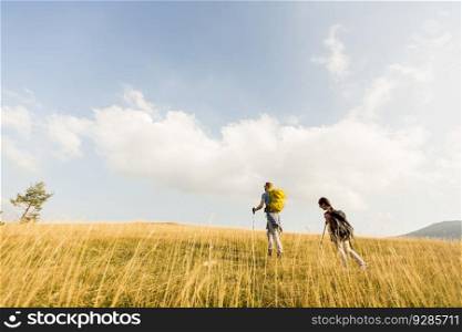 Young father and daughter enjoy hiking on a sunny day