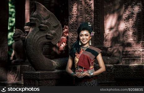 Young female Actress wearing beautiful ancient costumes, in ancient monuments, dramatic style. Perform on legend love popular story, Thai Isan folktale called  Phadaeng and Nang-ai  in acient site