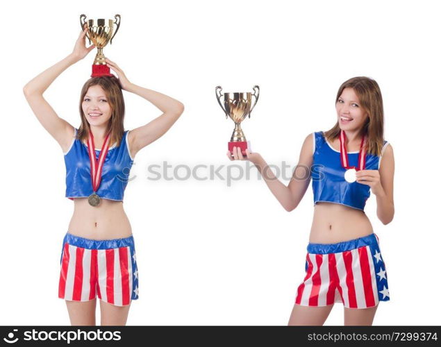 Young female boxer with cup isolated on white 