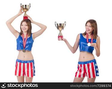 Young female boxer with cup isolated on white