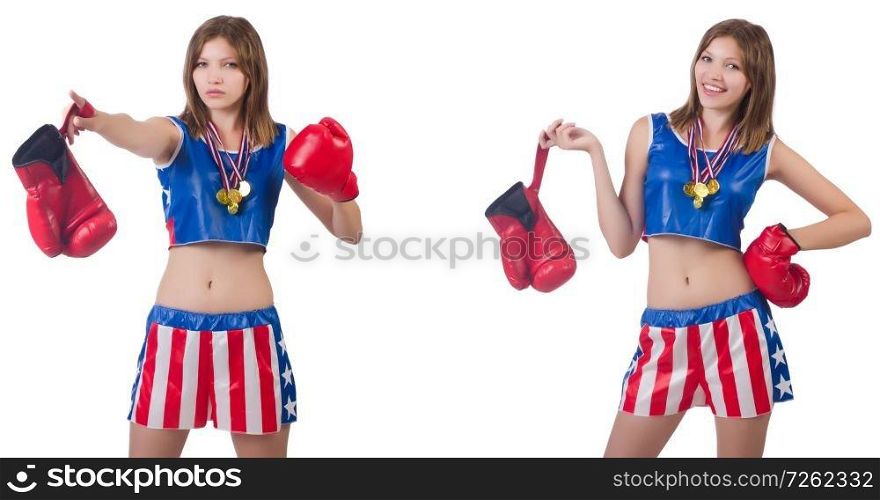 Young female boxer with gold medal isolated on white. The young female boxer with gold medal isolated on white