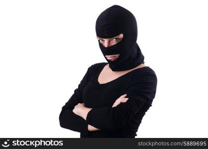 Young female burglar isolated on white