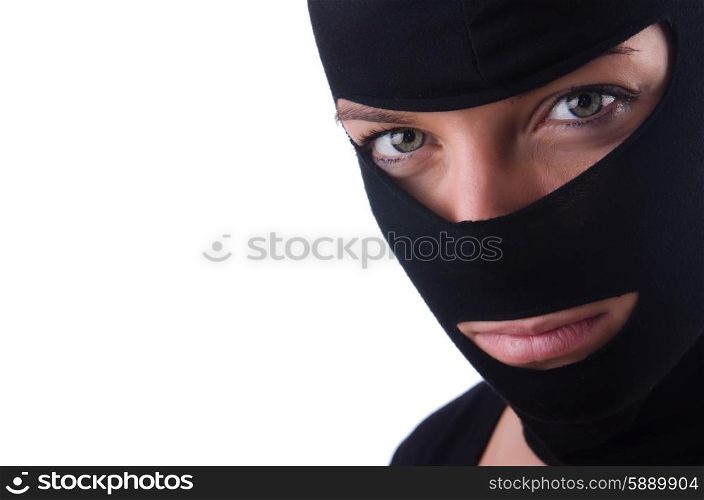 Young female burglar isolated on white
