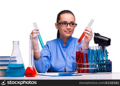 Young female doctor in lab isolated on white