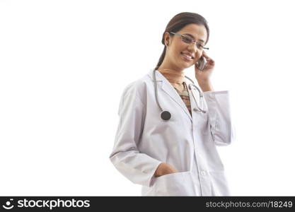 Young female doctor on call isolated over white background