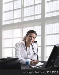 Young female doctor sits by desk in doctor&acute;s office. Daylight, indoor.