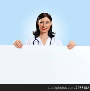 Young female doctor with a banner