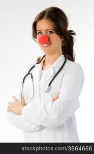 young female doctor with a red nose like a clown