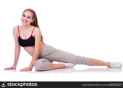 Young female doing exercises on white