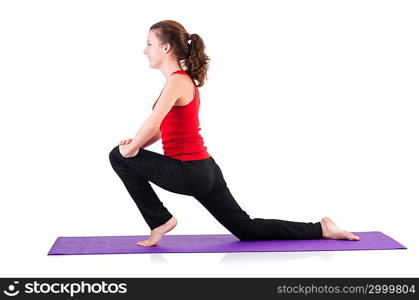 Young female doing exercises on white