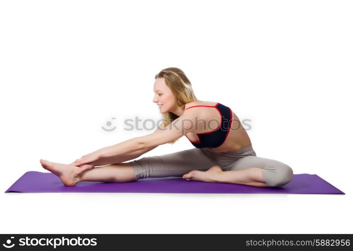 Young female doing exercises on white