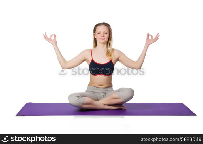 Young female doing exercises on white