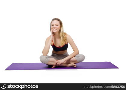 Young female doing exercises on white