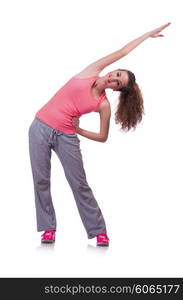 Young female doing exercises on white