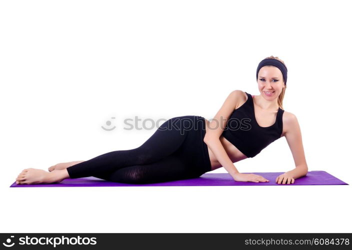 Young female doing exercises on white