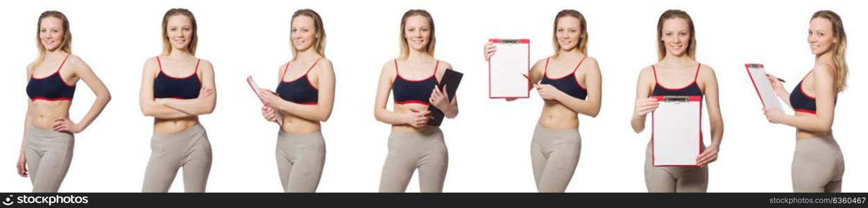 Young female doing exercises on white