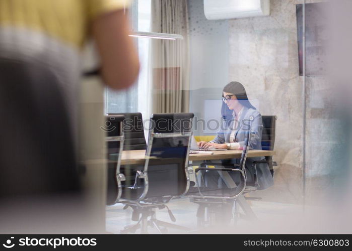 Young female Entrepreneur Freelancer Working Using A Laptop In Coworking space