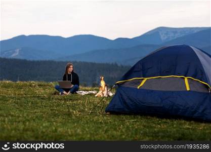 young female freelancer working on laptop in the mountains in the evening. Tourist girl sitting near campfire and tent. Copy space.. young female freelancer working on laptop in the mountains in the evening. Tourist girl sitting near campfire and tent. Copy space