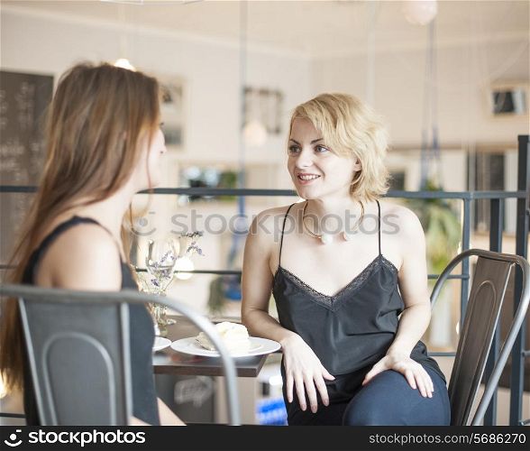 Young female friends spending leisure time at restaurant