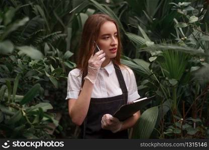 Young female gardener with mobile phone and clipboard work in greenhouse. Gardening, flower and greenhouse business concept.