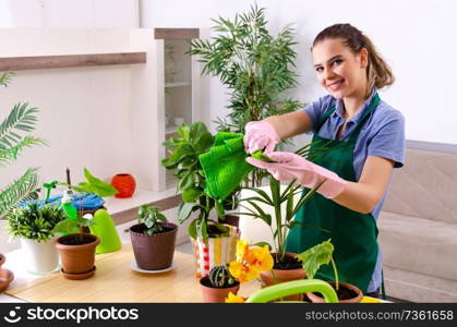 Young female gardener with plants indoors 