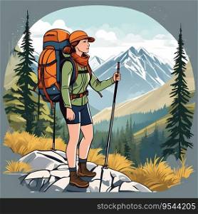 Young female hiker enjoying hiking in mountains. Woman traveler travels with backpack. Happy tourist girl is ready for adventure.