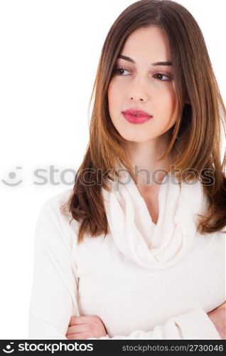 young female model folding her hands on white background