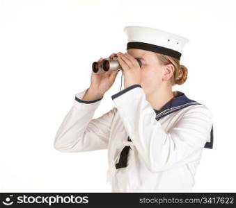 young female navy sailor with binoculars isolated on white