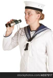 young female navy sailor with binoculars isolated on white