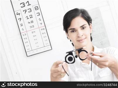 Young female optometrist with an universal messbrille in hand.
