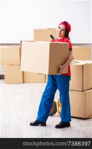 Young female professional mover doing home relocation 