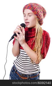 Young female singer with mic on white