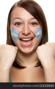 Young Female Sports Fan With Argentinian Flag Painted On Face