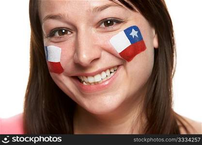 Young Female Sports Fan With Chilean Flag Painted On Face