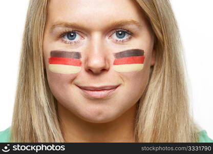 Young Female Sports Fan With German Flag Painted On Face