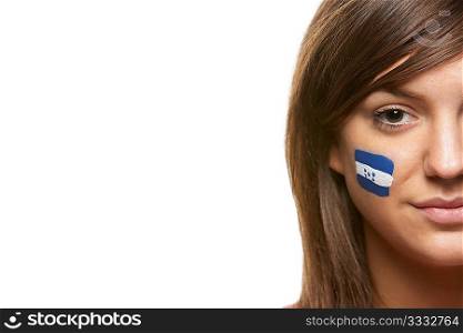 Young Female Sports Fan With Honduras Flag Painted On Face