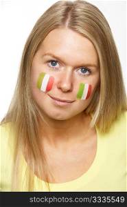 Young Female Sports Fan With Italian Flag Painted On Face