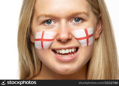 Young Female Sports Fan With St Georges Flag Painted On Face