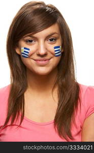 Young Female Sports Fan With Uruguayan Flag Painted On Face