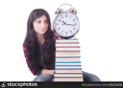 Young female student missing her deadlines on white