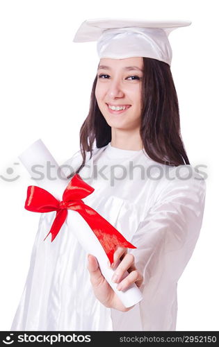 Young female student on white