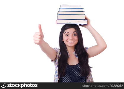 Young female student with books on white