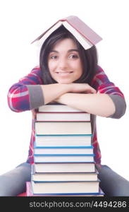 Young female student with books on white