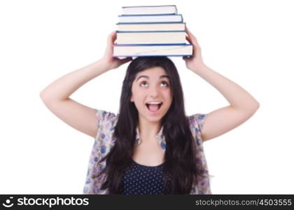 Young female student with books on white